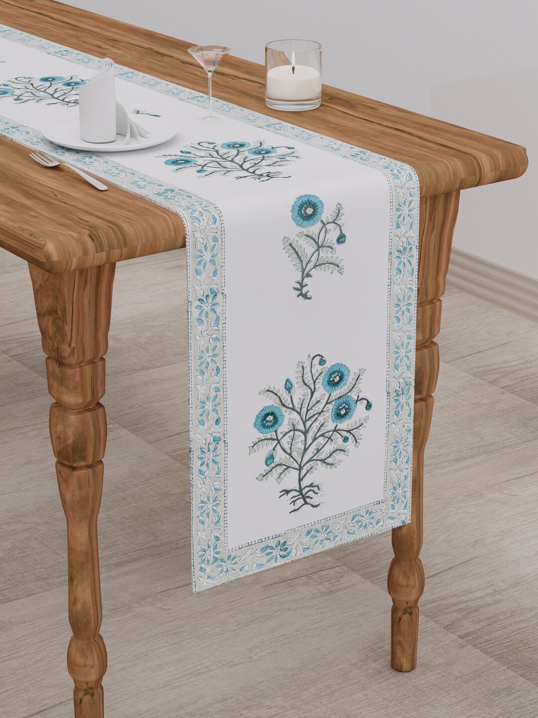 

Gulaab Jaipur White & Blue Floral Printed Table Runner