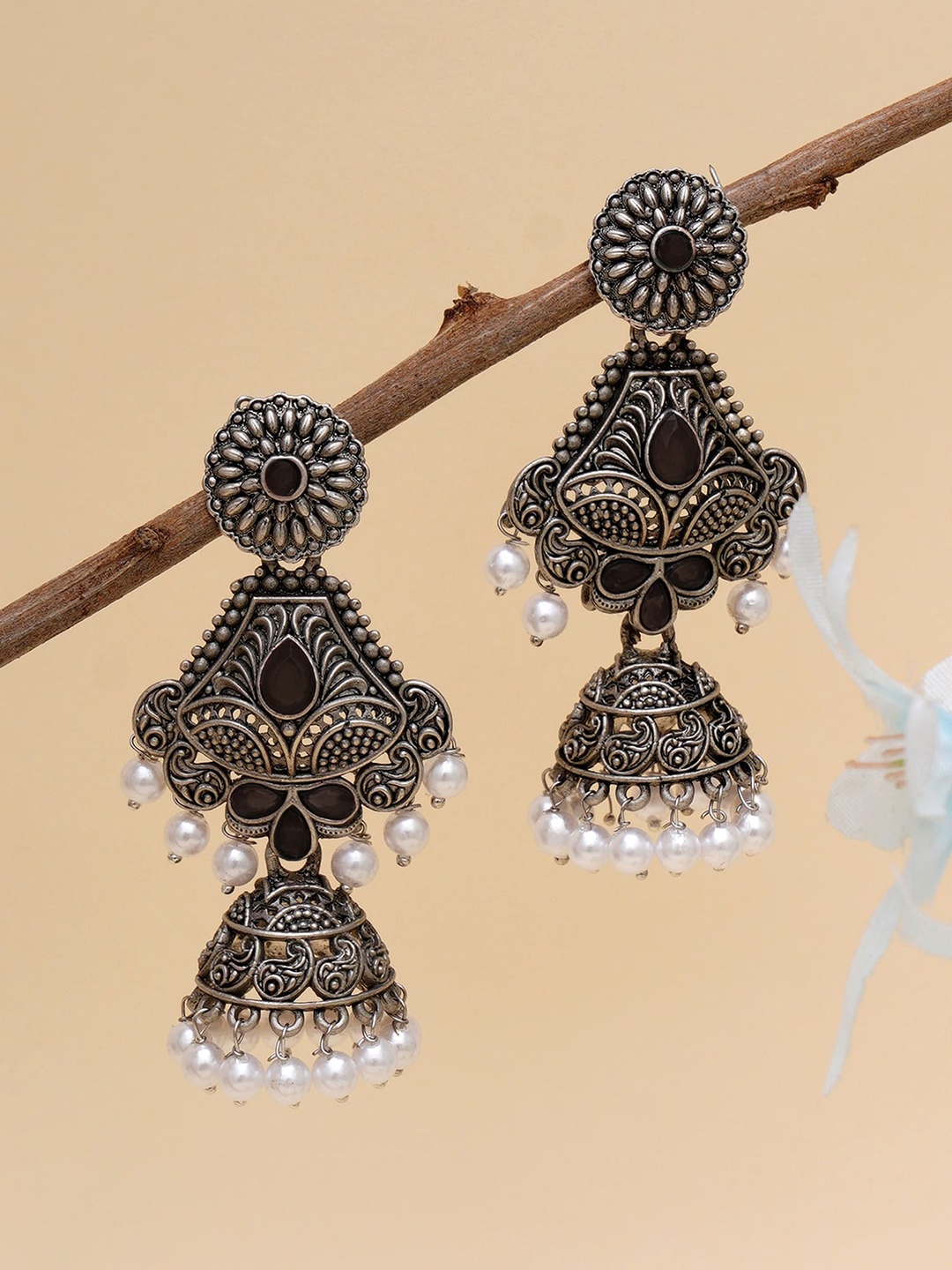 

KARATCART Black & White Silver-Plated Long Jhumkas Earrings