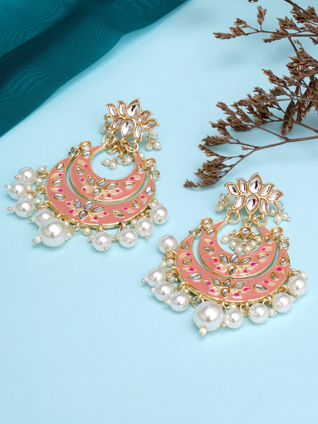 

KARATCART Pink & White Gold-Plated Classic Chandbali Earrings