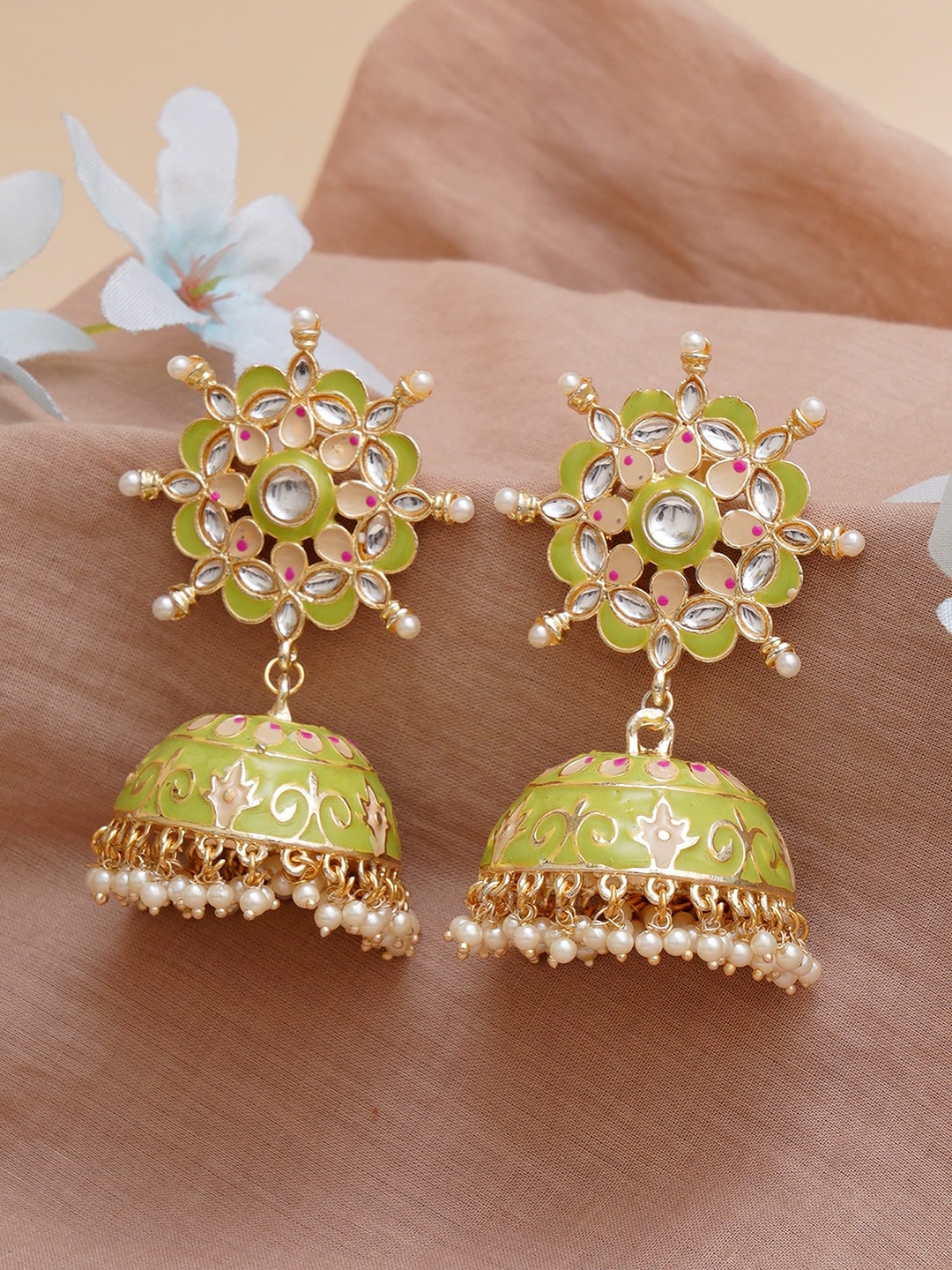 

KARATCART Lime Green & Gold-Plated Classic Jhumkas Earrings