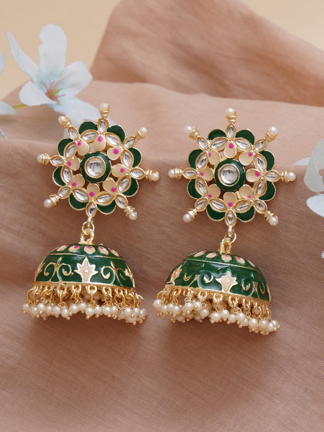 

KARATCART Green & White Gold-Plated Classic Jhumkas Earrings