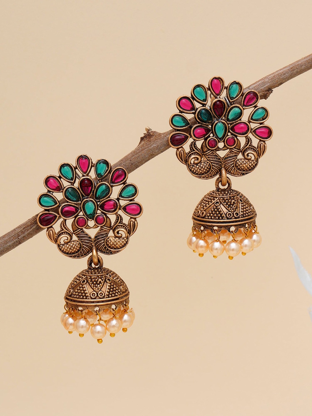 

KARATCART Red & Green Gold-Plated Peacock Shape Classic Jhumkas Earrings