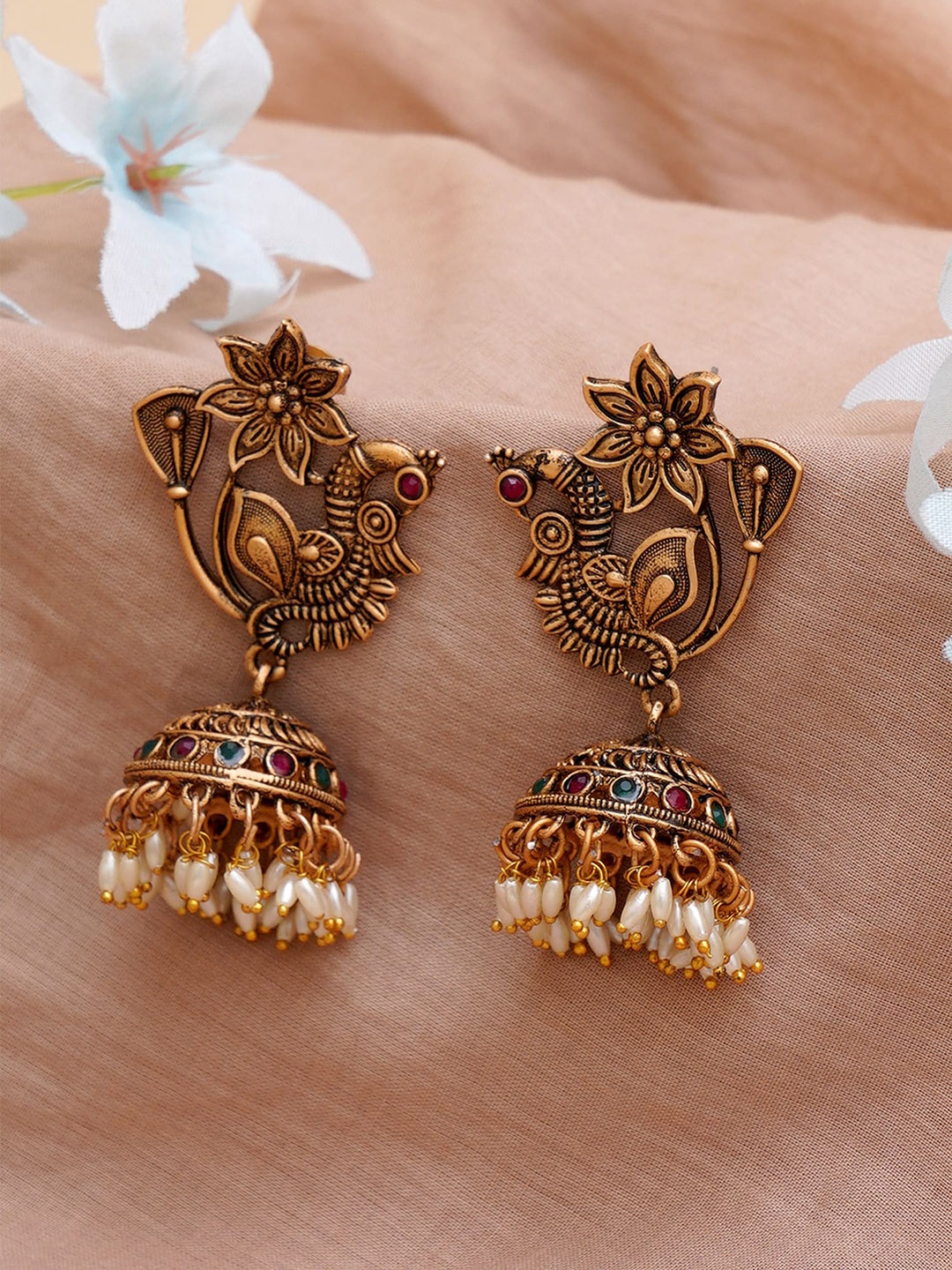 

KARATCART Gold-Plated & White Peacock Shape Classic Jhumkas Earrings