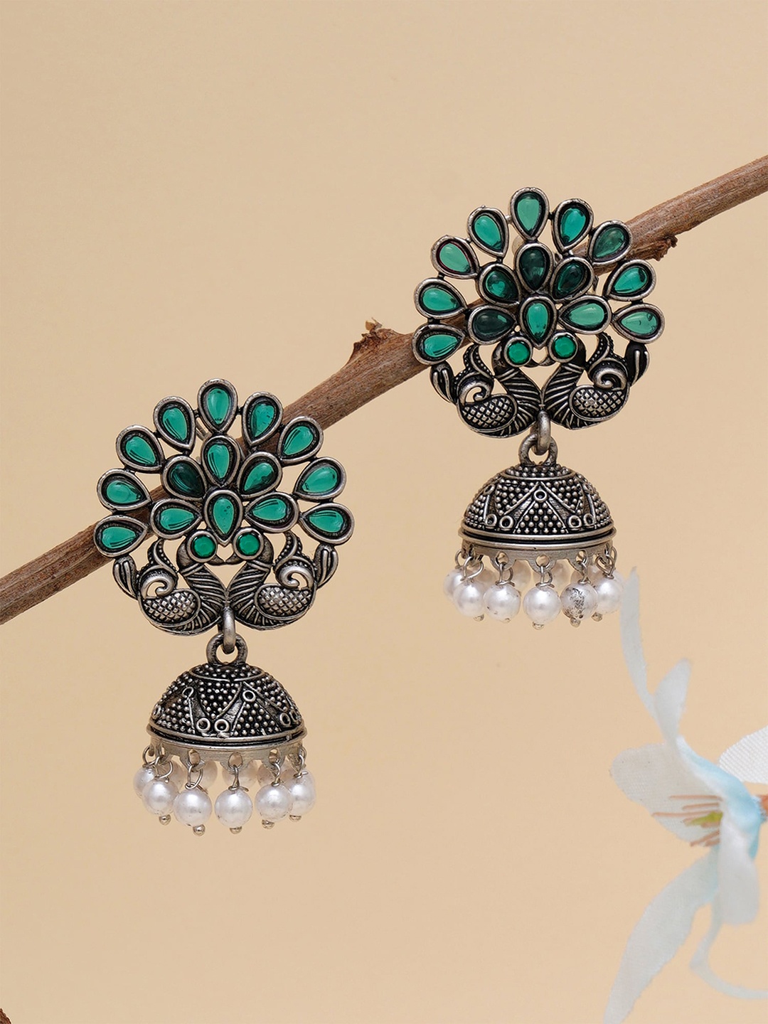

KARATCART Green & White Silver-Plated Stone Studded Peacock Shape Jhumkas Earrings