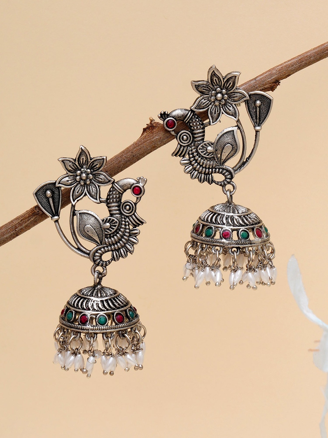 

KARATCART Silver-Plated & White Peacock Shape Jhumkas Earrings