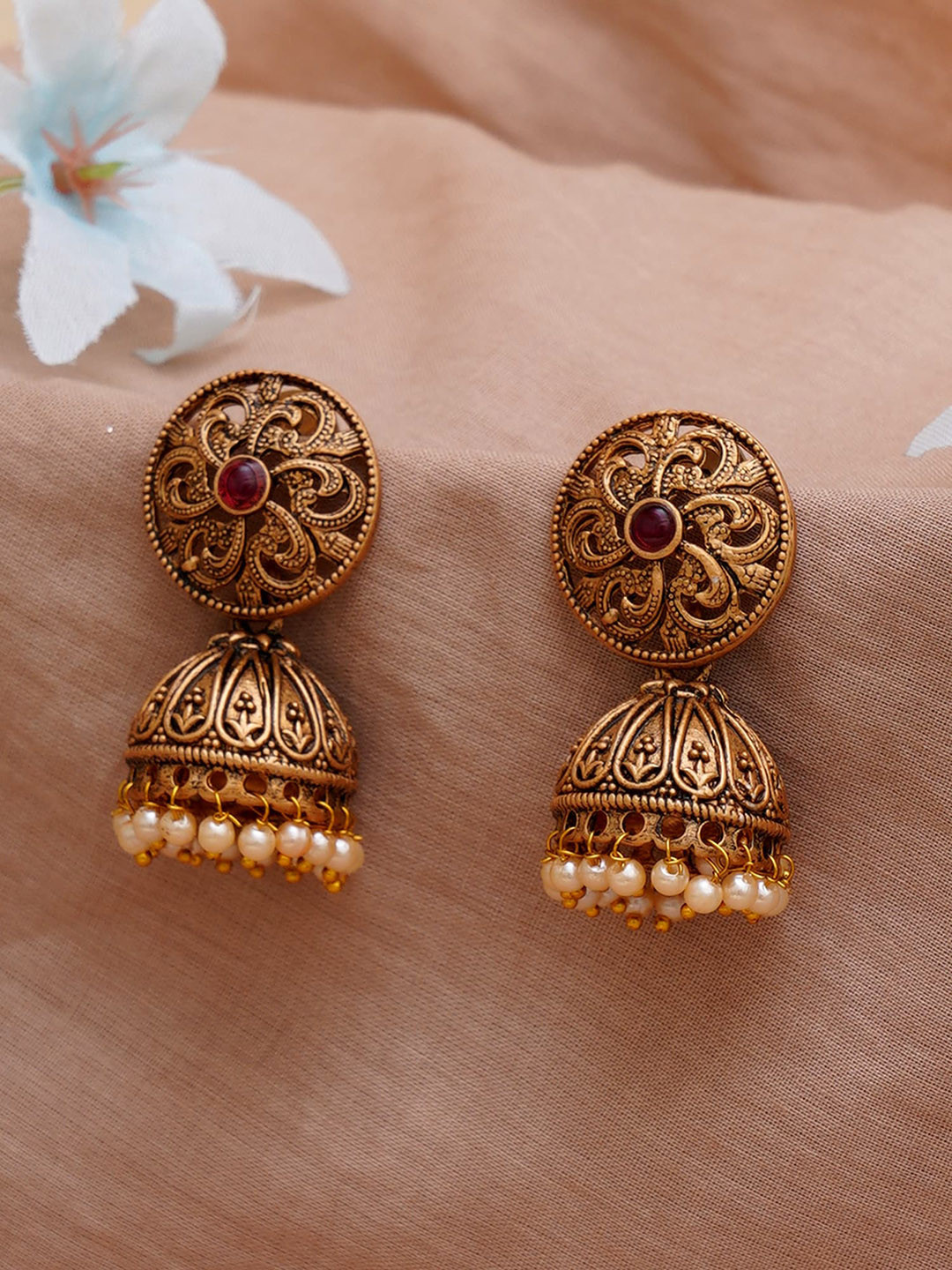 

KARATCART Gold-Plated & Red Round Classic Jhumkas Earrings
