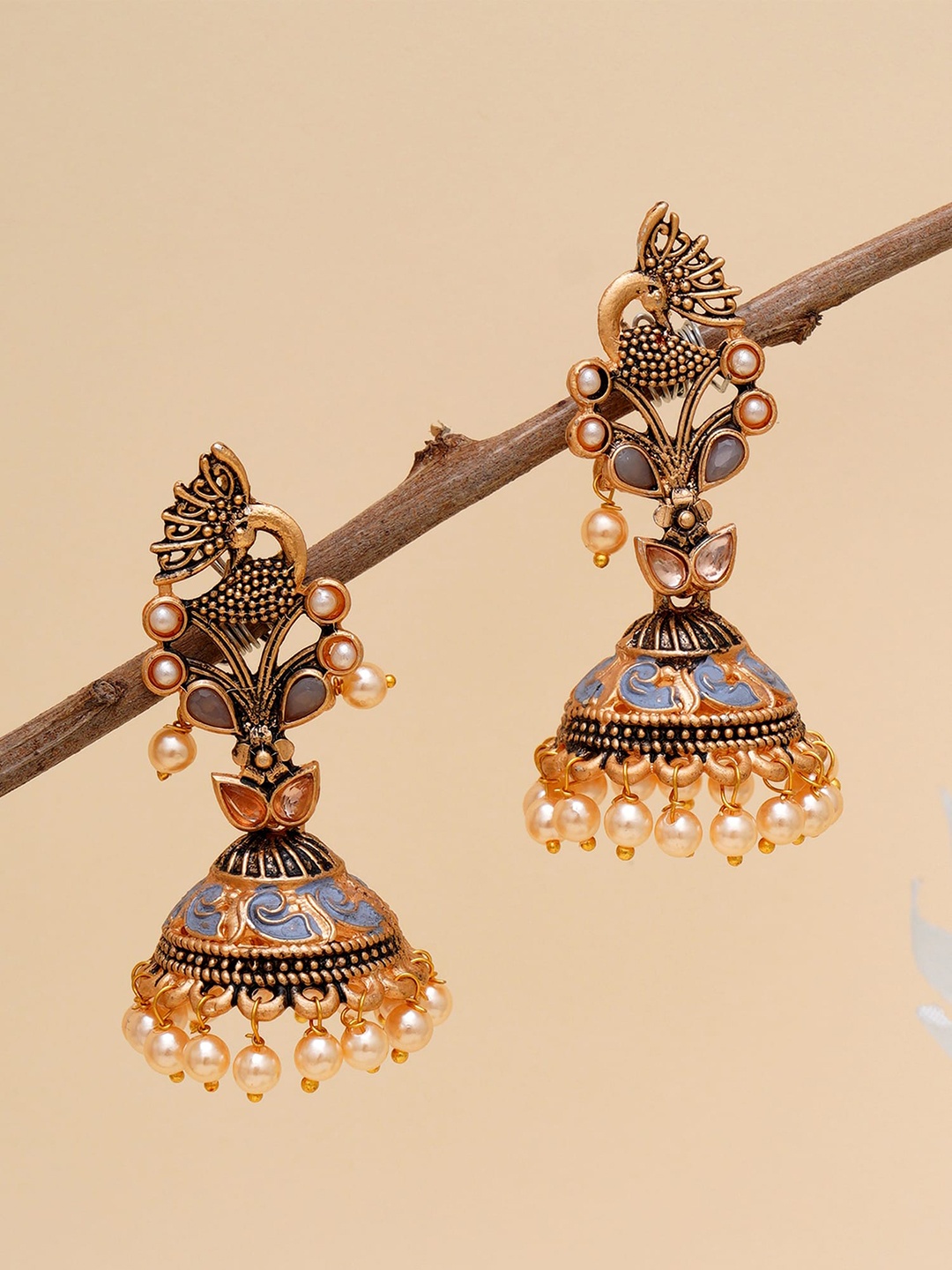 

KARATCART Grey & Gold-Plated Stone Studded Peacock Shape Classic Jhumkas Earrings