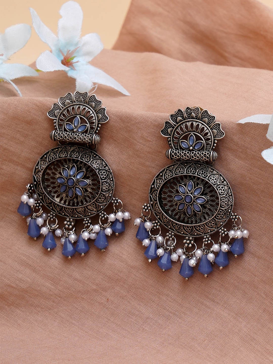 

KARATCART Blue & White Silver-Plated Stone Studded Classic Drop Earrings