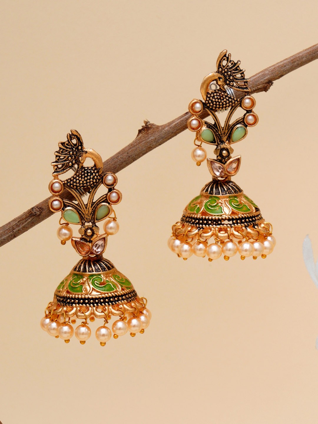 

KARATCART Lime Green & Gold-Plated Stone Studded Peacock Shape Jhumkas Earrings