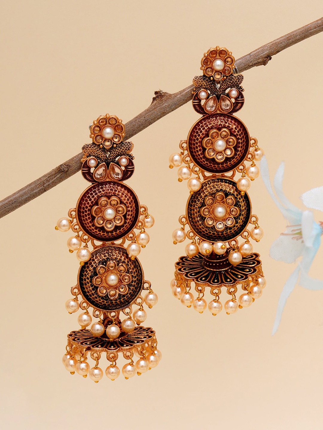 

KARATCART Gold-Plated & Maroon Classic Jhumkas Earrings