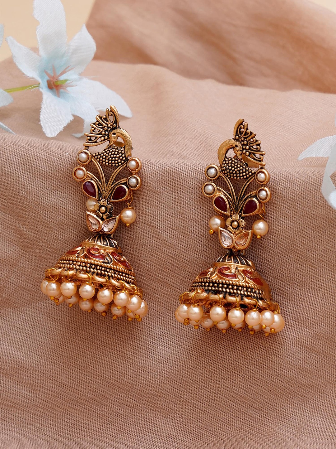 

KARATCART Gold-Plated & Maroon Stone Studded Peacock Shape Jhumkas Earrings