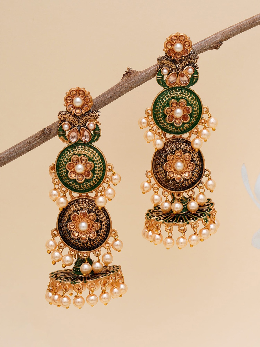 

KARATCART Green & Gold-Plated Antique Classic Jhumkas Earrings