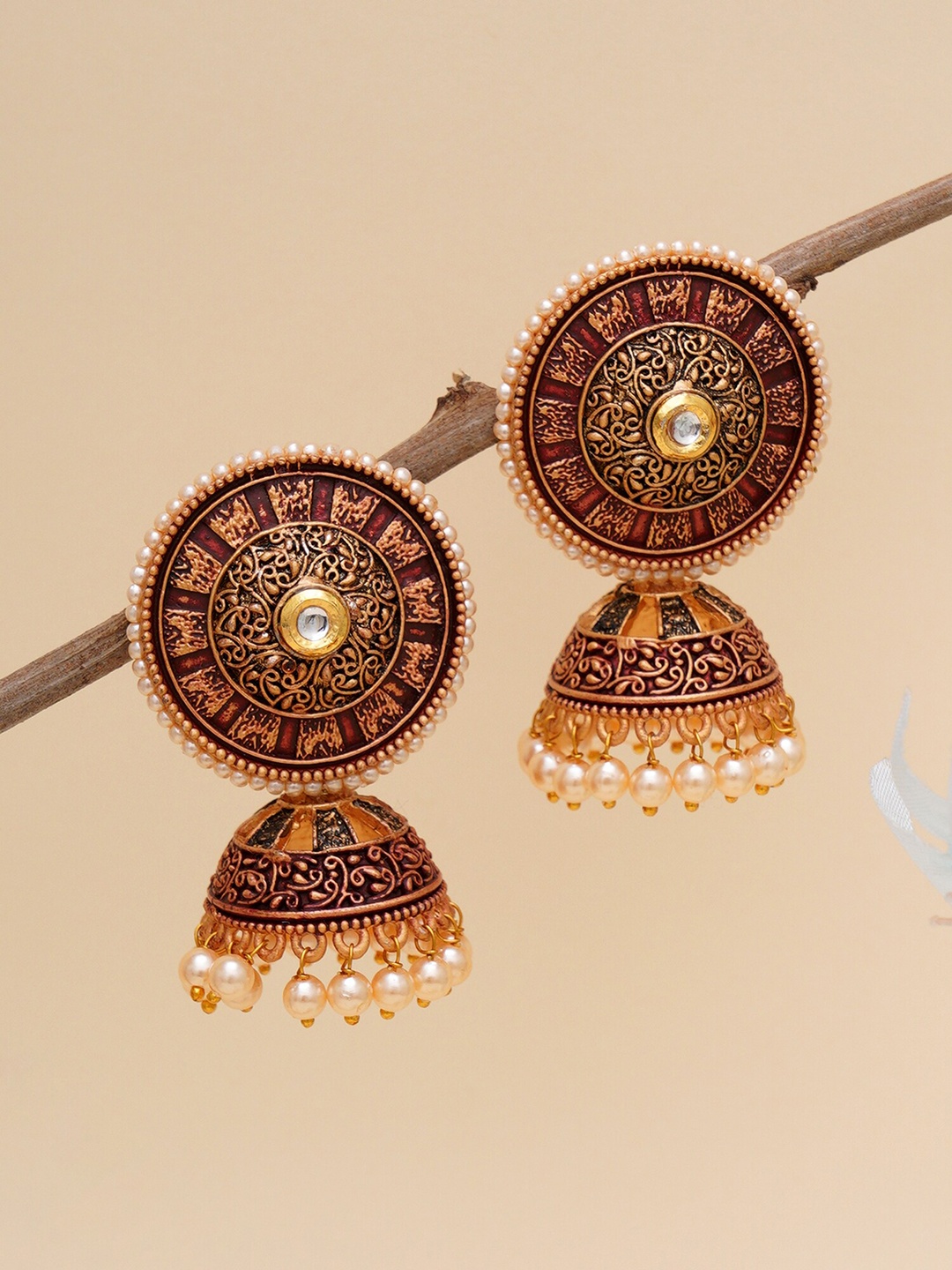 

KARATCART Maroon & Gold-Plated Antique Dome Shaped Jhumkas Earrings