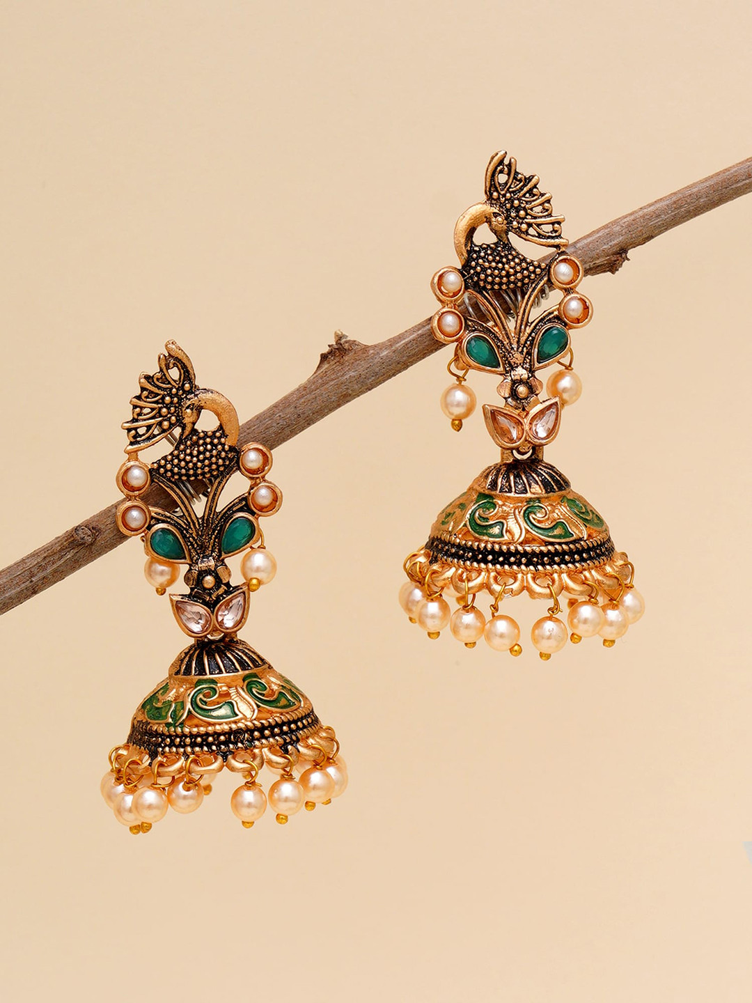 

KARATCART Green & Gold-Plated Dome Shaped Jhumkas Earrings