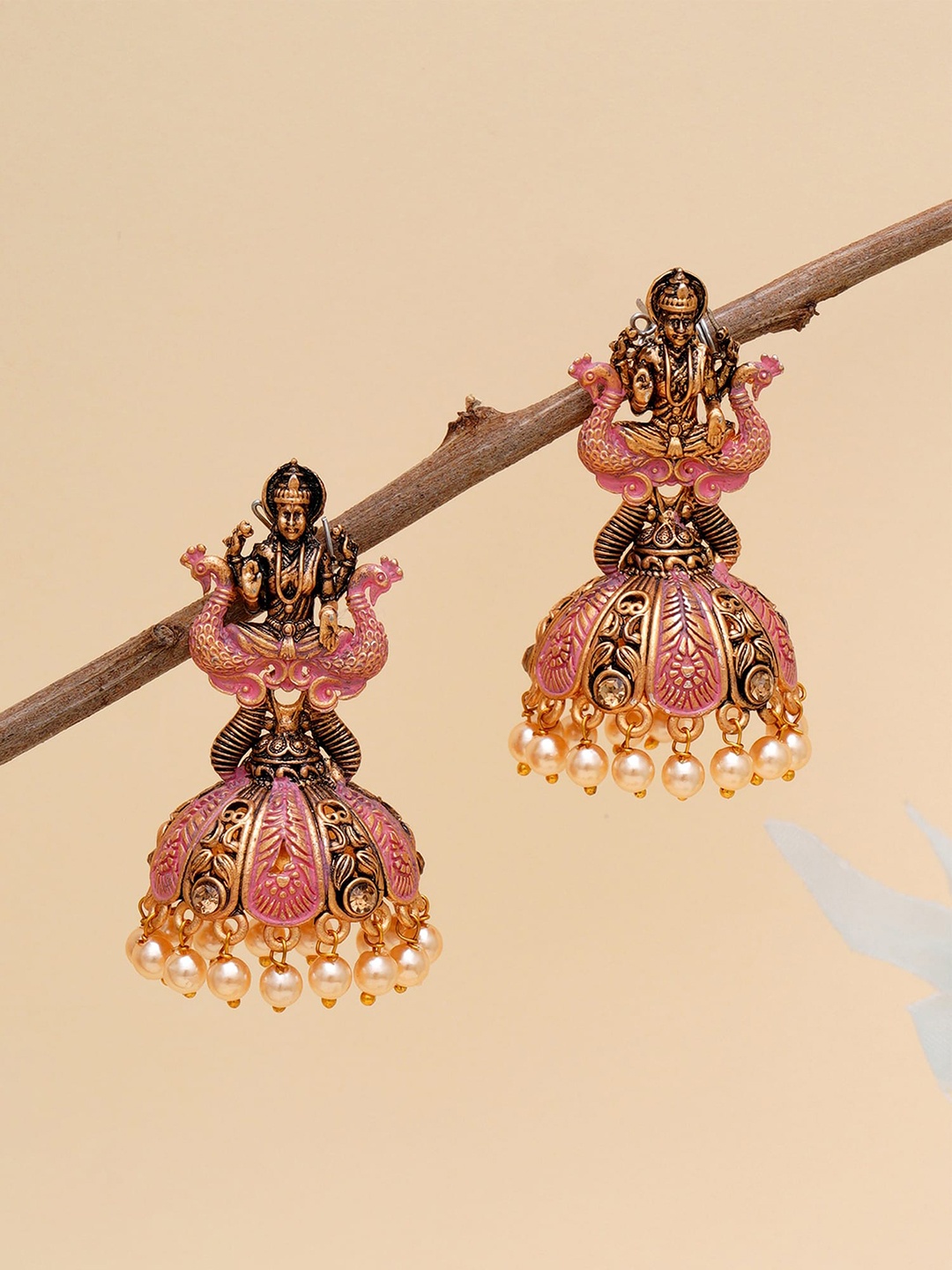 

KARATCART Pink & Gold-Plated Antique Dome Shaped Jhumkas Earrings