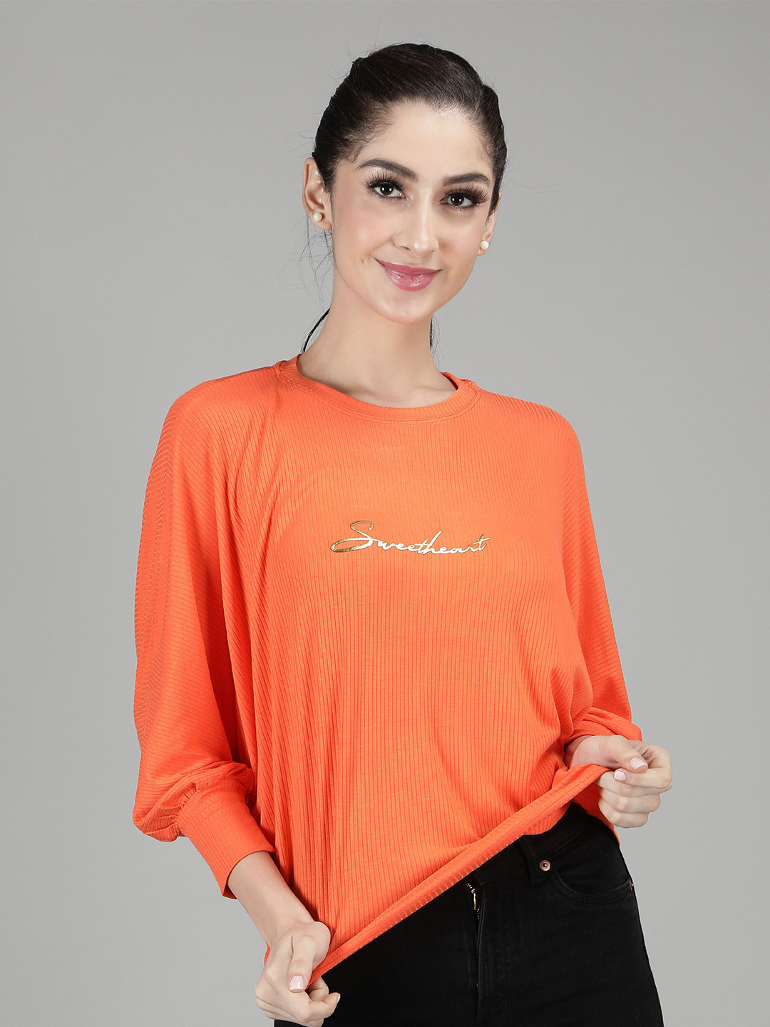 

Sonex Gold Women Orange Print Extended Sleeves Pure Cotton Top