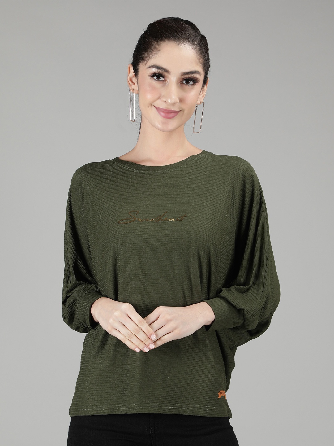 

Sonex Gold Women Olive Green Round Neck Batwing Sleeves Pure Cotton Top