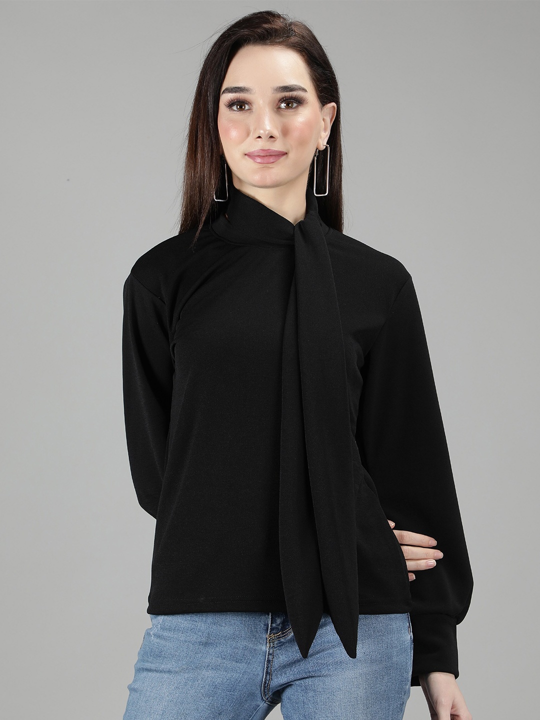 

Sonex Gold Women Black Solid Tie-Up Neck Cuffed Sleeves Polyester Top
