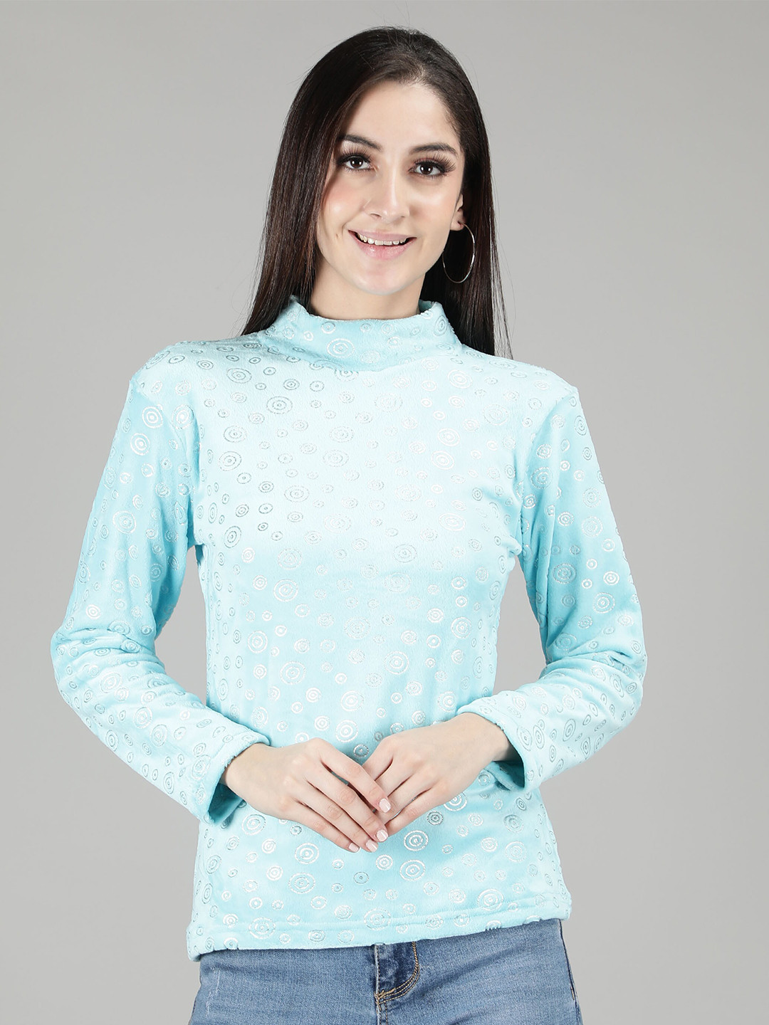 

Sonex Gold Women Turquoise Blue Geometric Printed High Neck Top
