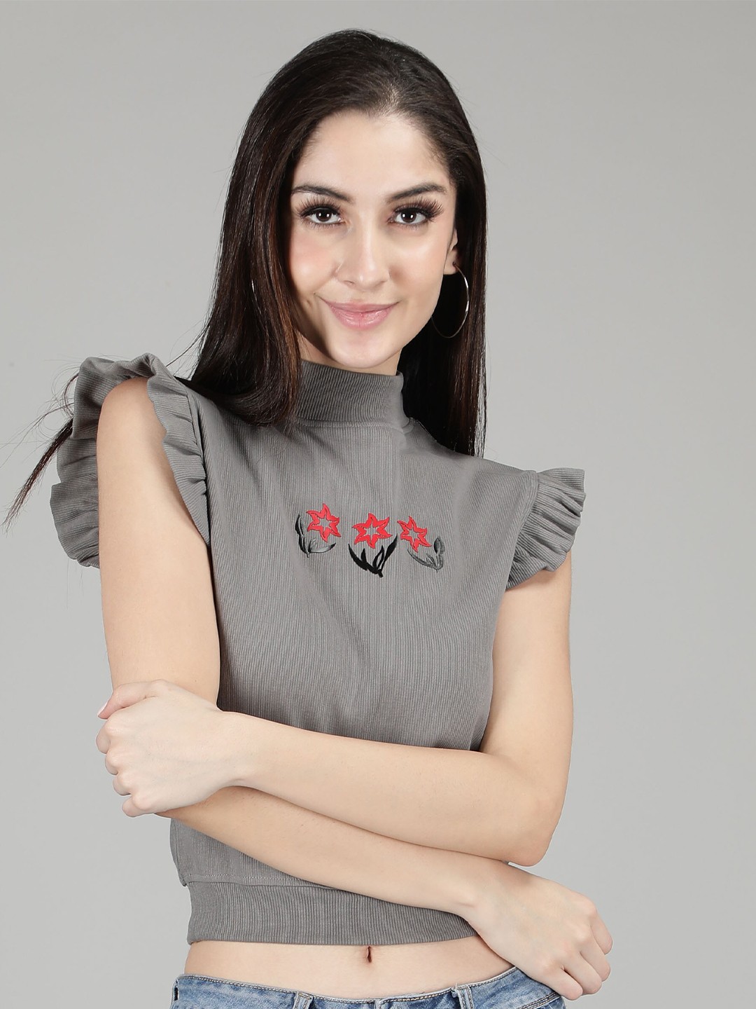 

Sonex Gold Women Grey Floral Embroidered Flutter Sleeves Crop Top