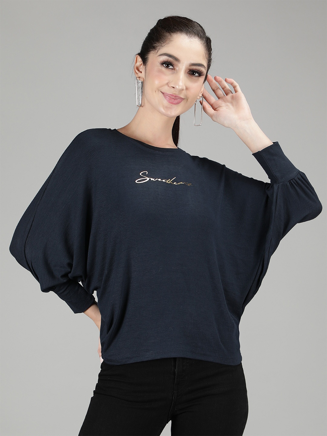 

Sonex Gold Women Navy Blue Typography Printed Pure Cotton Kaftan Top