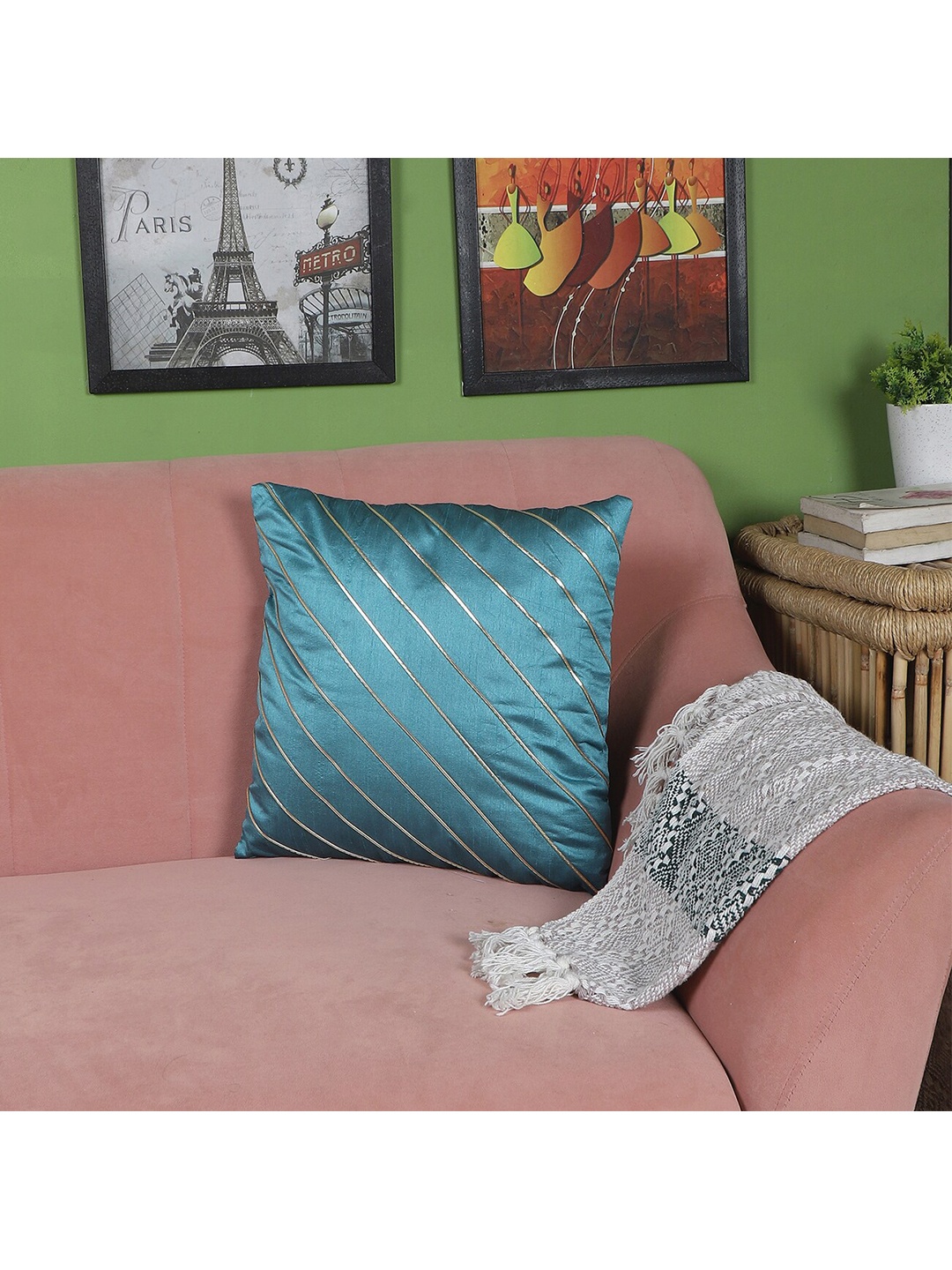 

MFD HOME FURNISHING Blue & Gold Striped Square Cushion Cover
