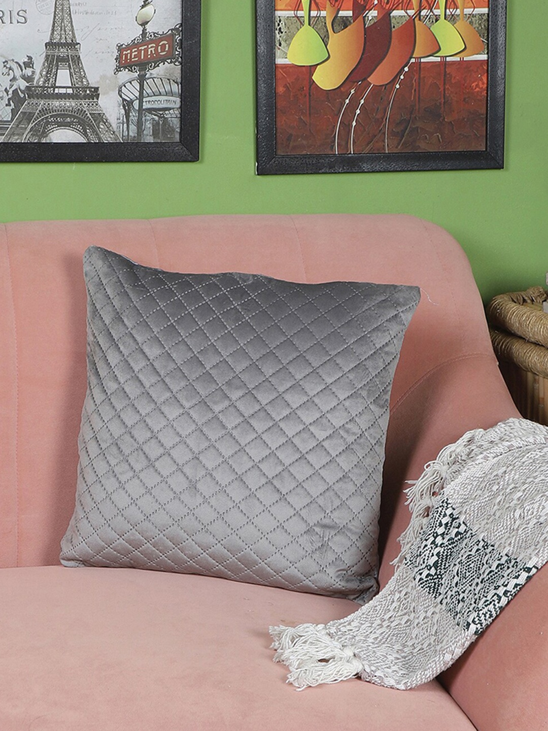 

MFD HOME FURNISHING Grey Checked Polyester Square Cushion Cover