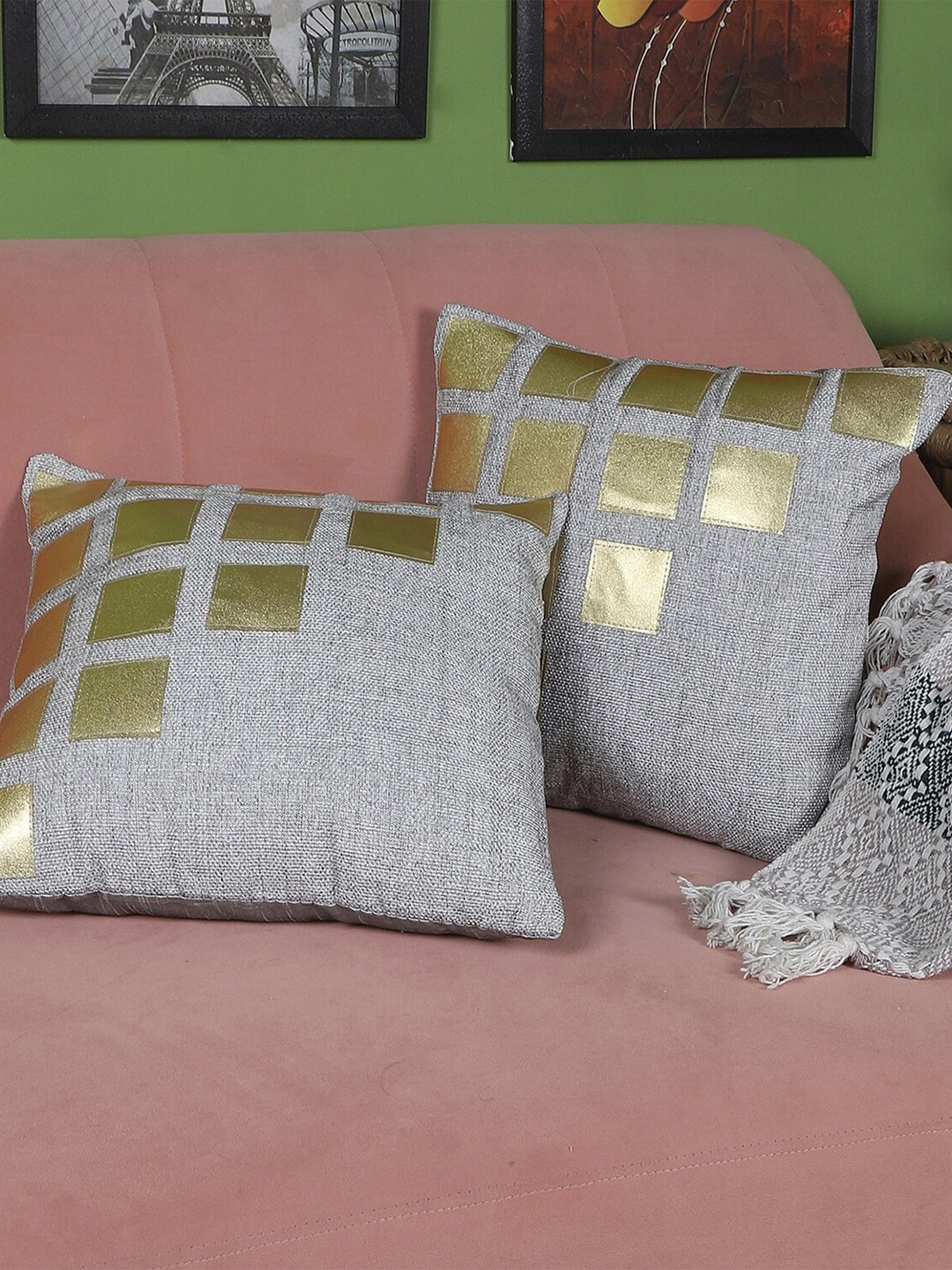 

MFD HOME FURNISHING Set of 2 Grey & Gold Geometric Square Cushion Covers