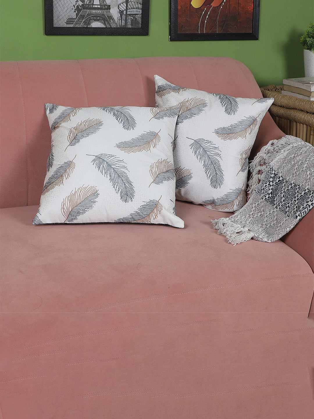 

MFD HOME FURNISHING Set of 2 White & Grey Floral Square Cushion Covers