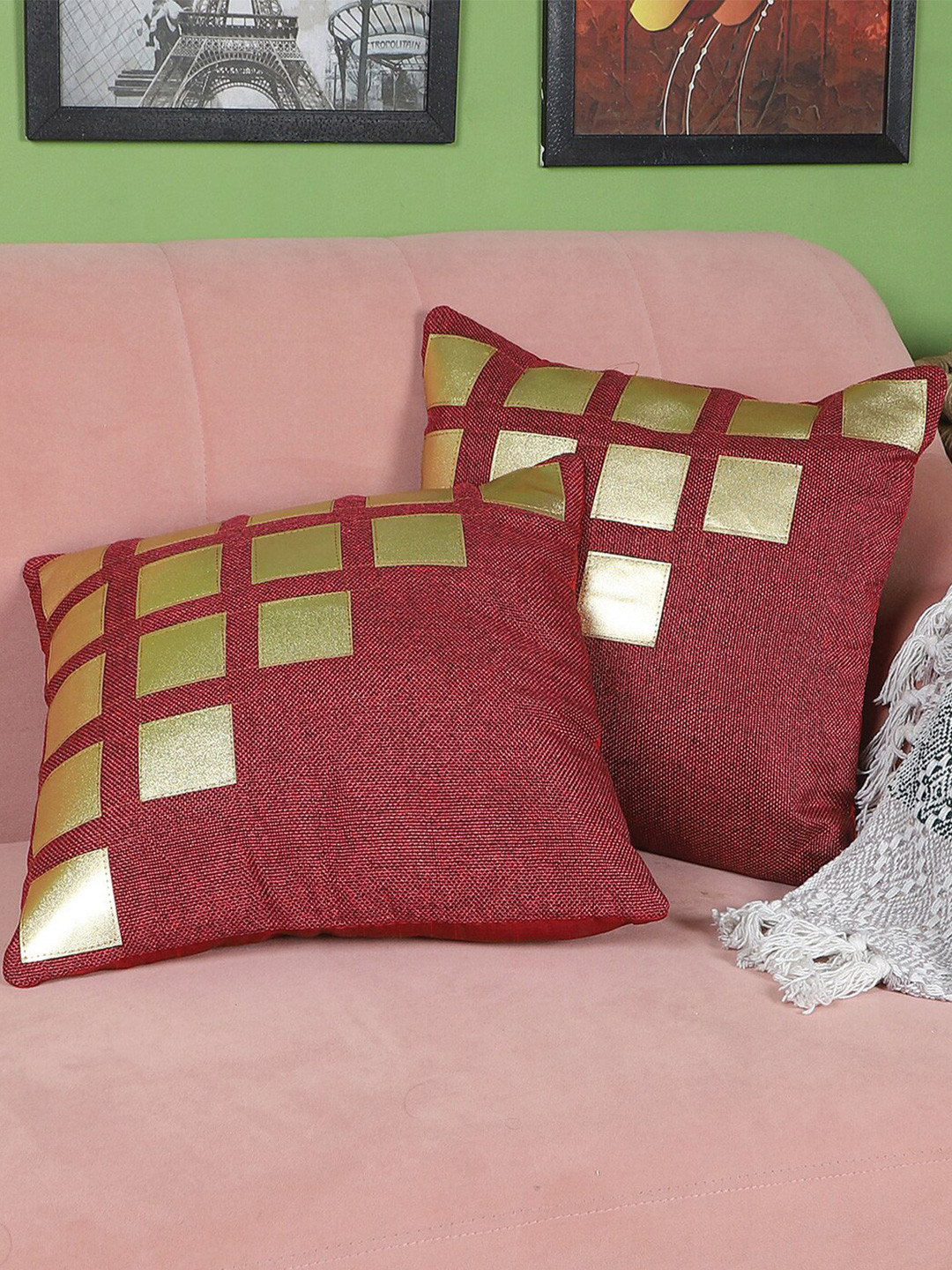

MFD HOME FURNISHING Set of 2 Maroon & Gold Geometric Square Cushion Covers
