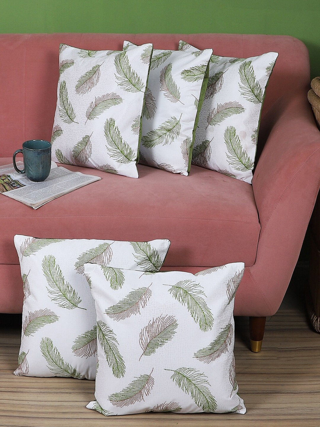 

MFD HOME FURNISHING Set of 5 White & Green Floral Square Cushion Covers