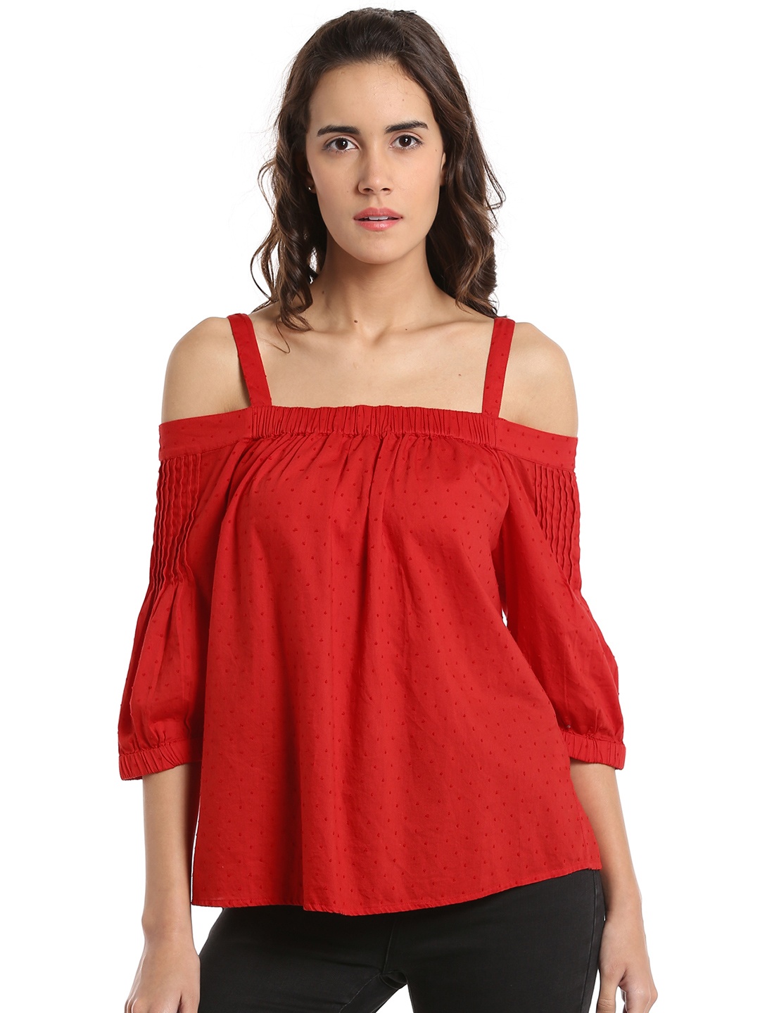 

Vero Moda Women Red Self-Design Cold-Shoulder Pure Cotton Top