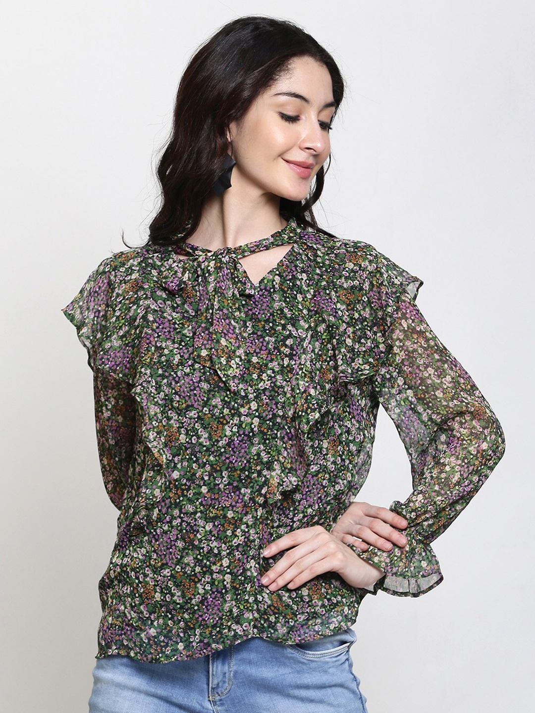 

Retrobelaa Green Floral Print Tie-Up Neck Ruffles Georgette Top
