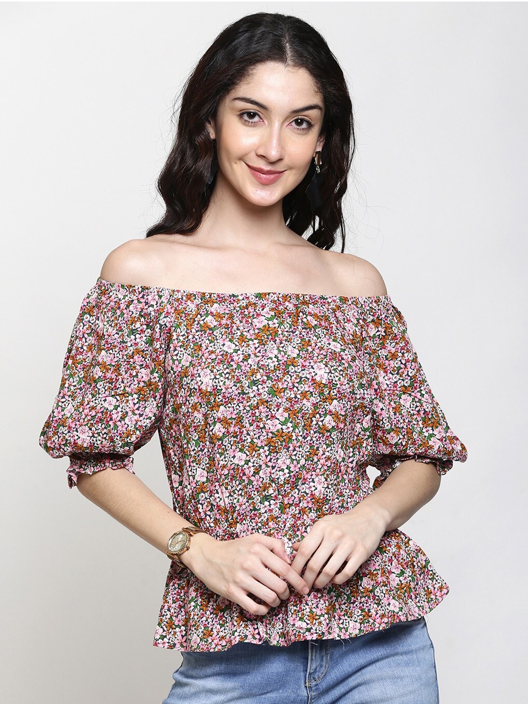 

Retrobelaa Red & Pink Floral Print Off-Shoulder Bardot Top