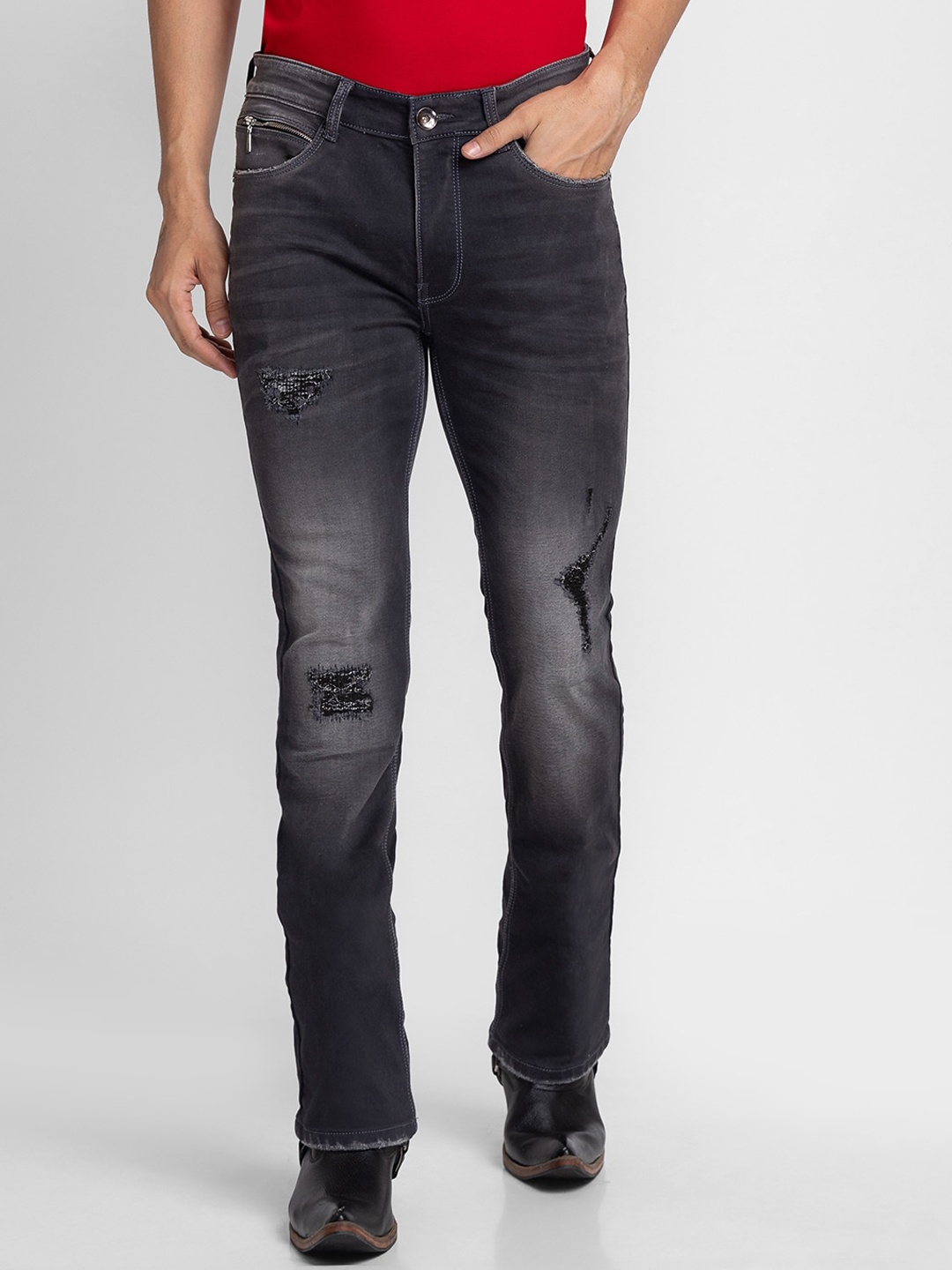 

mode de base Men Grey Bootcut Mildly Distressed Heavy Fade Stretchable Jeans