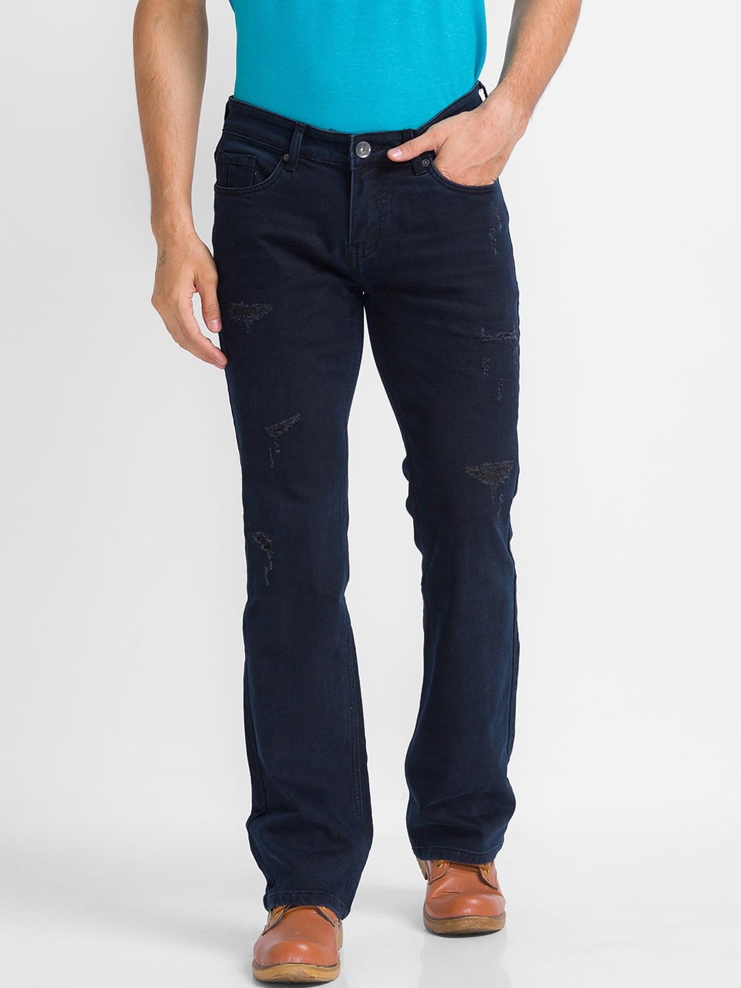 

mode de base Men Navy Blue Bootcut Mildly Distressed Stretchable Jeans