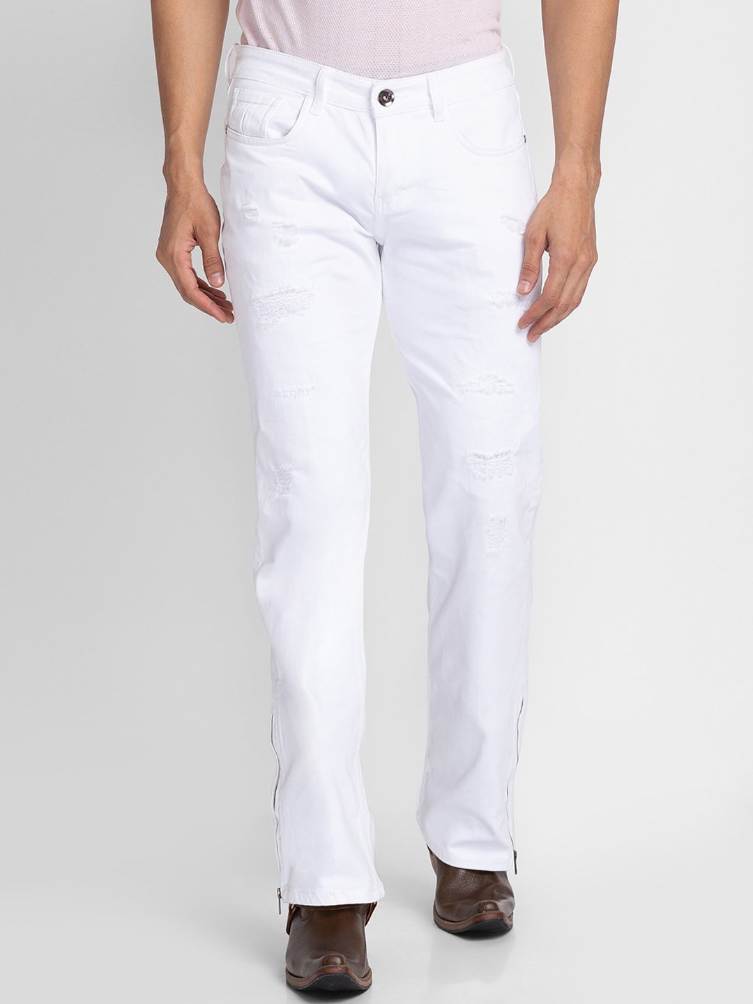 

mode de base Men White Bootcut Mildly Distressed Stretchable Jeans