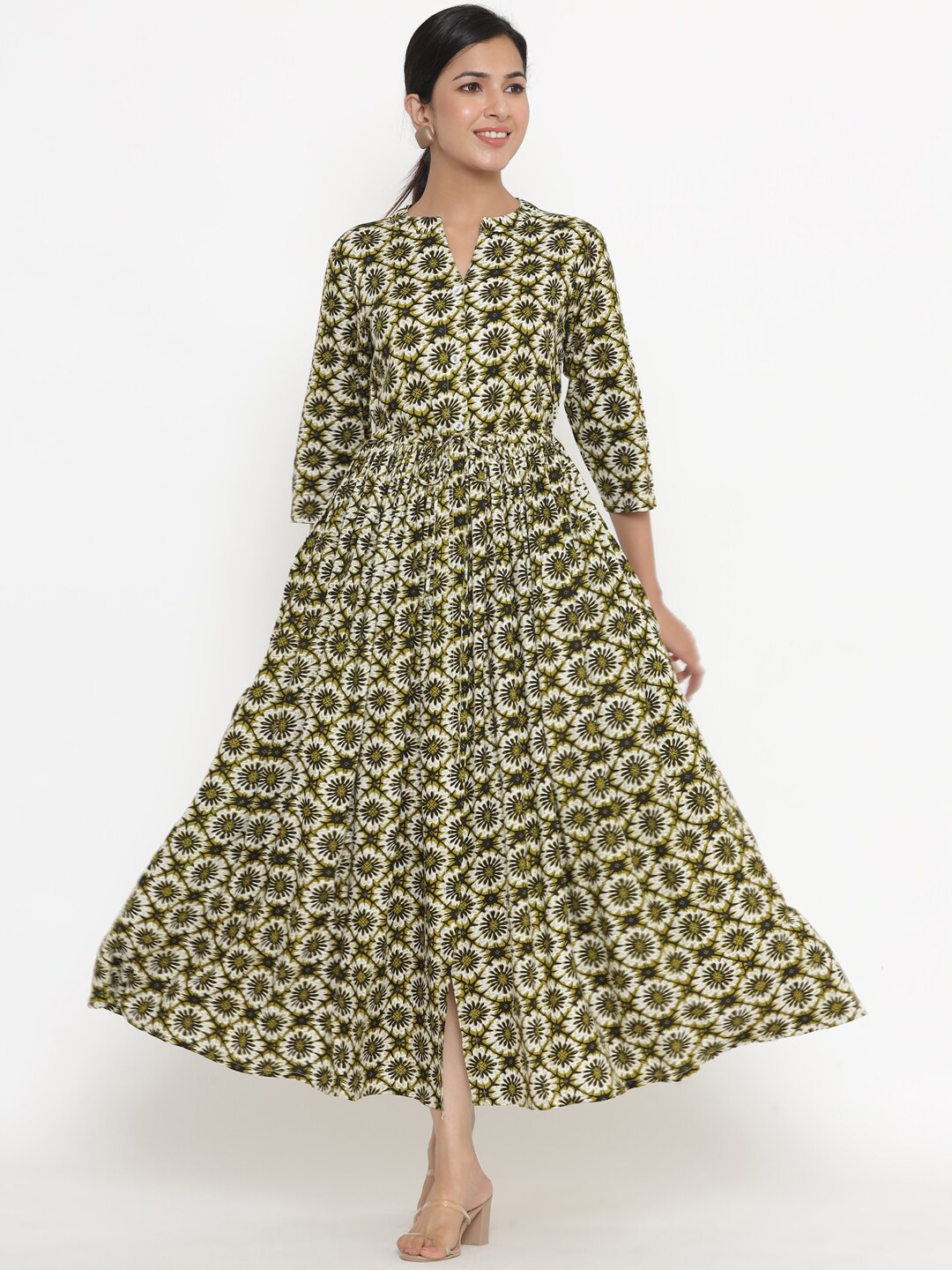 

Indian Virasat Green Floral Printed Maxi Dress