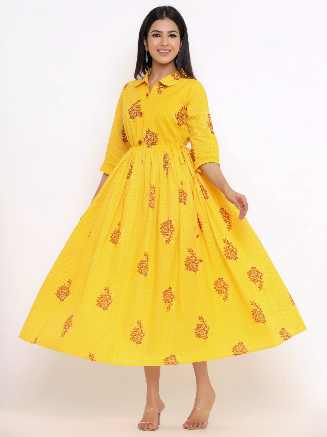 

Indian Virasat Women Yellow Floral Printed Midi Dress