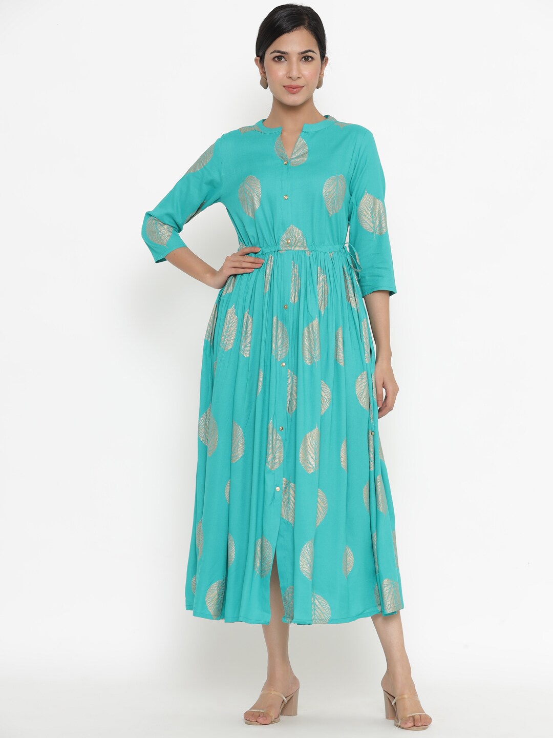 

Indian Virasat Turquoise Blue Floral Printed Midi Dress