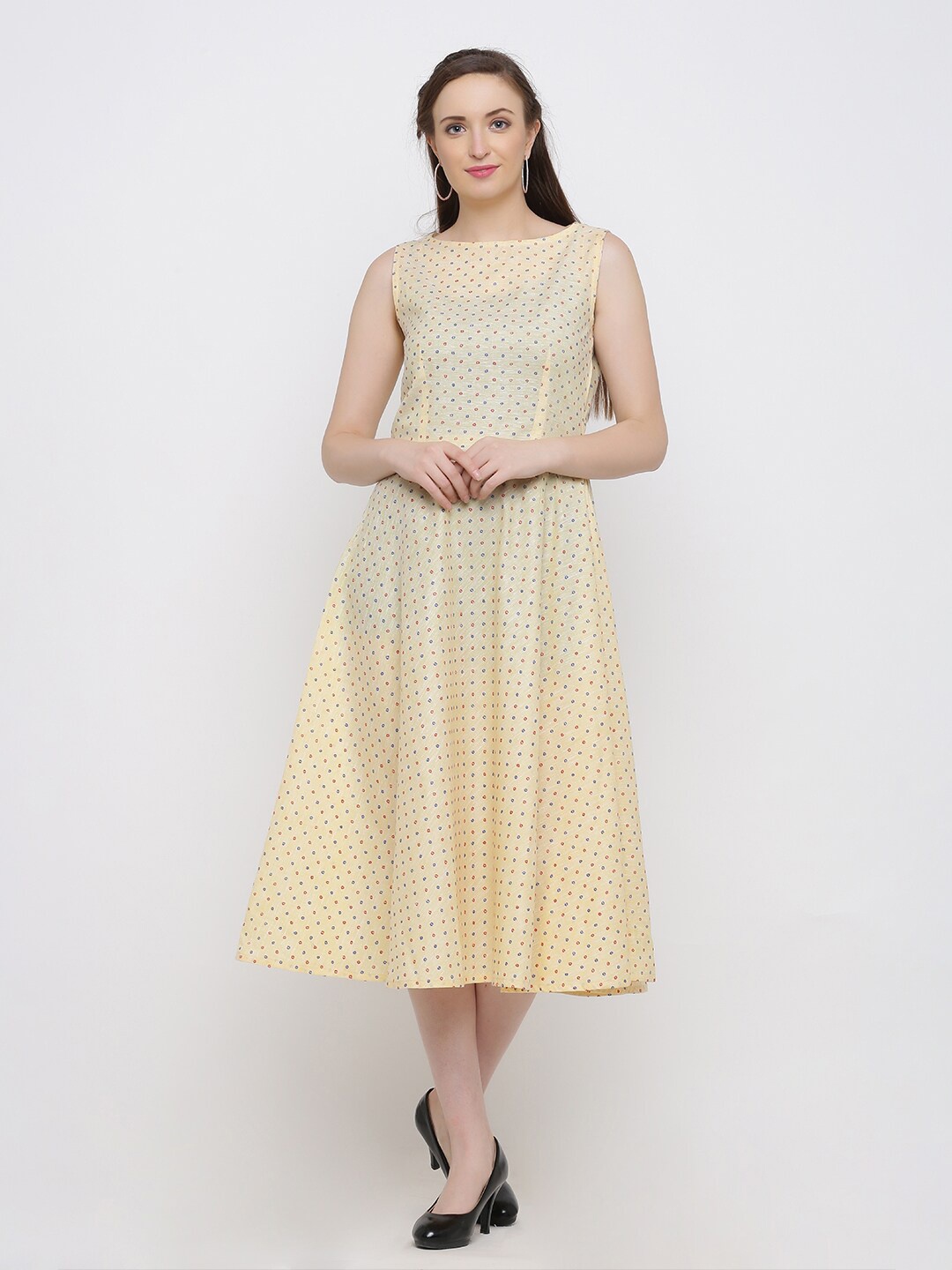 

Indian Virasat Women Yellow Printed Cotton Midi Dress