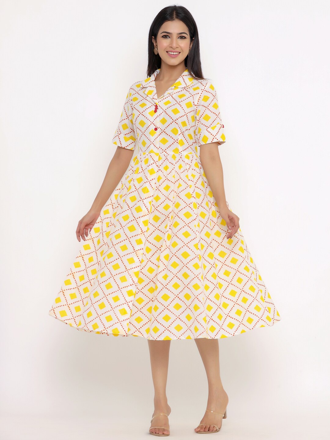 

Indian Virasat Women Yellow Floral Printed Midi Dress