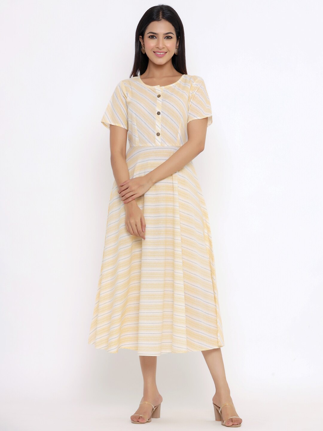 

Indian Virasat Women Off White Striped Fit & Flare Midi Dress