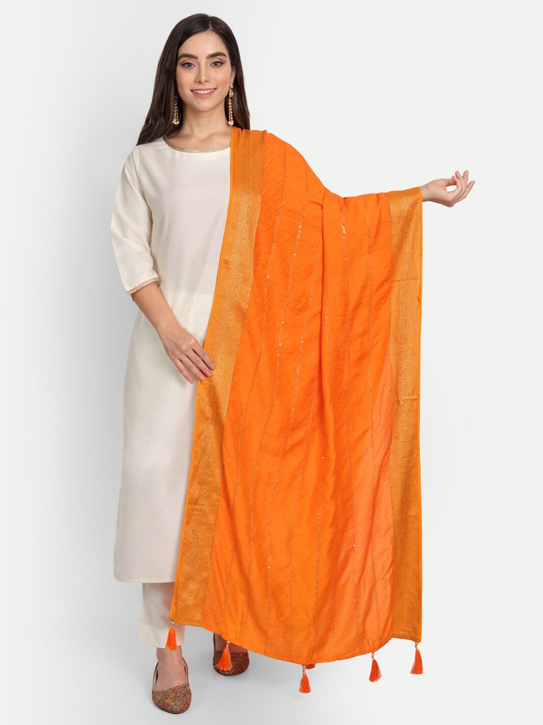 

amraoo Women Orange & Gold Striped Art Silk Sequined Dupatta