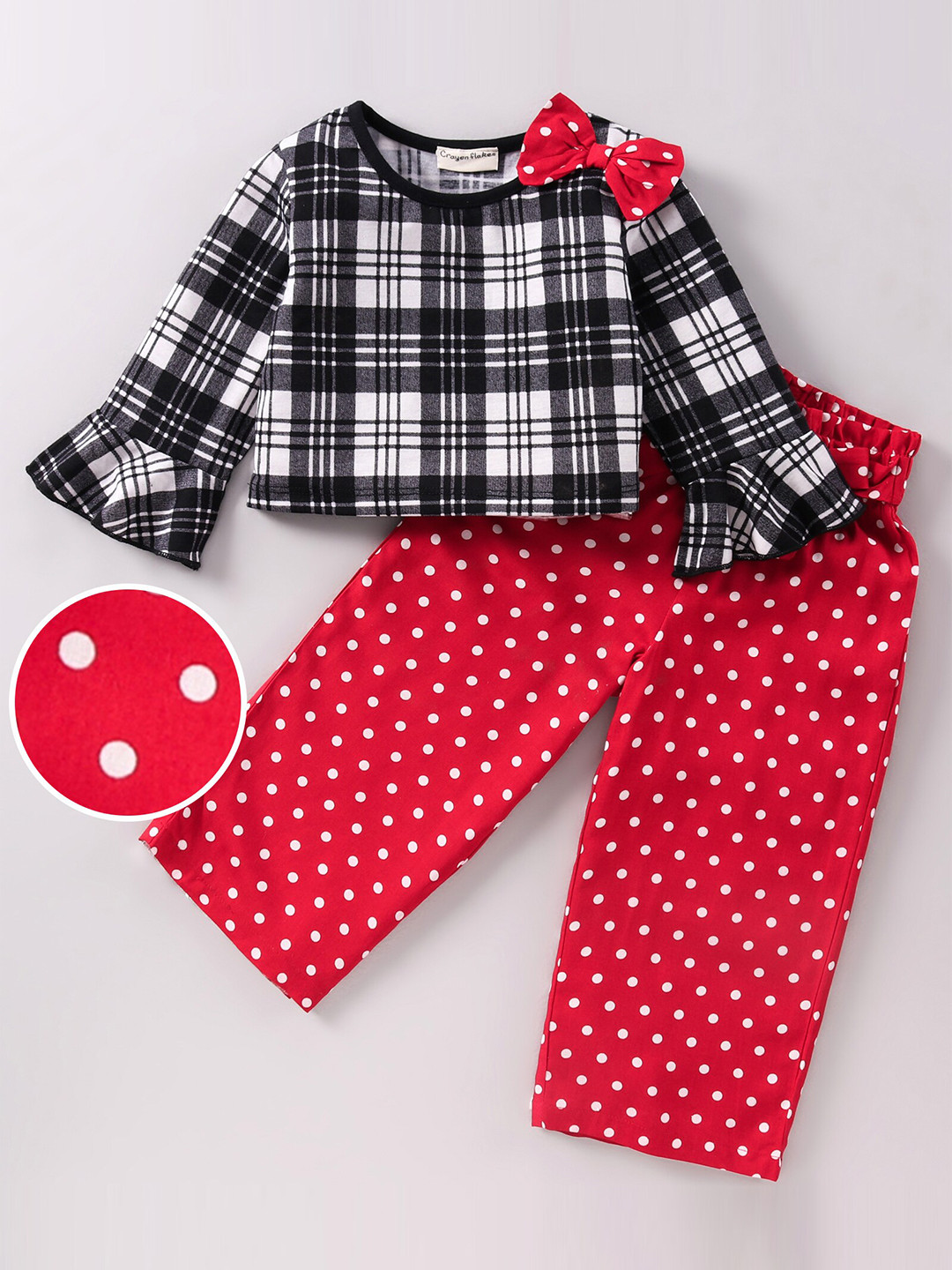 

CrayonFlakes Girls Red & Black Checked Frill Top with Polka Palazzos Set