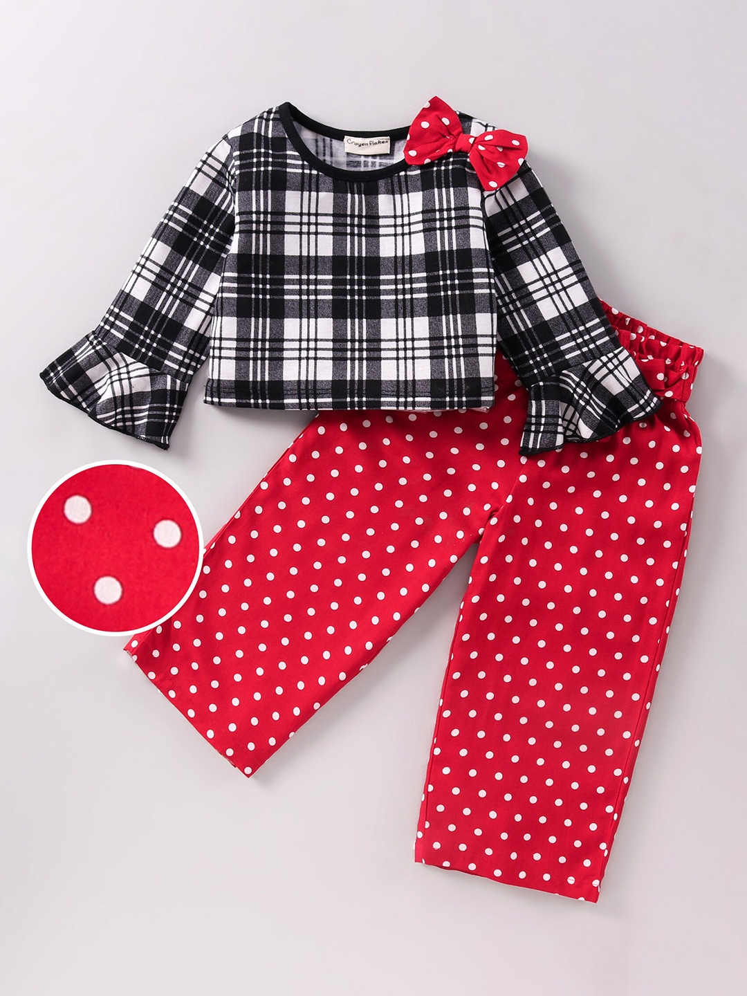 

CrayonFlakes Girls Red & Black Checked Frill Top with Polka Palazzos Set