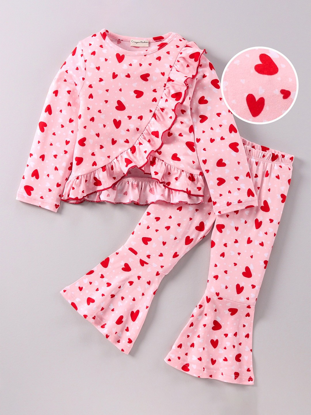 

CrayonFlakes Girls Pink & Red Printed Frill Top with Palazzos Set