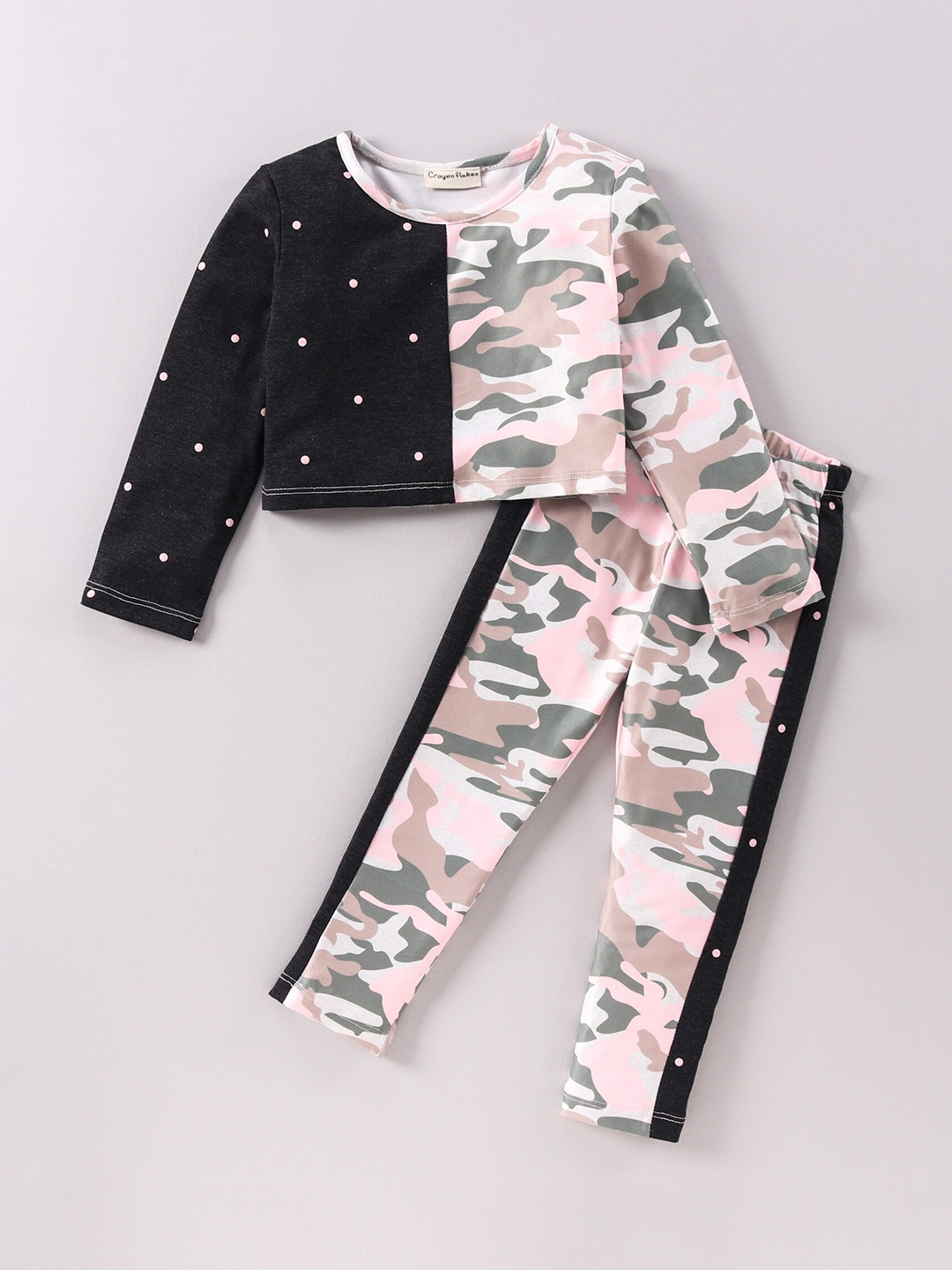 

CrayonFlakes Girls Pink & Black Camouflage Colourblocked Top with Leggings Set