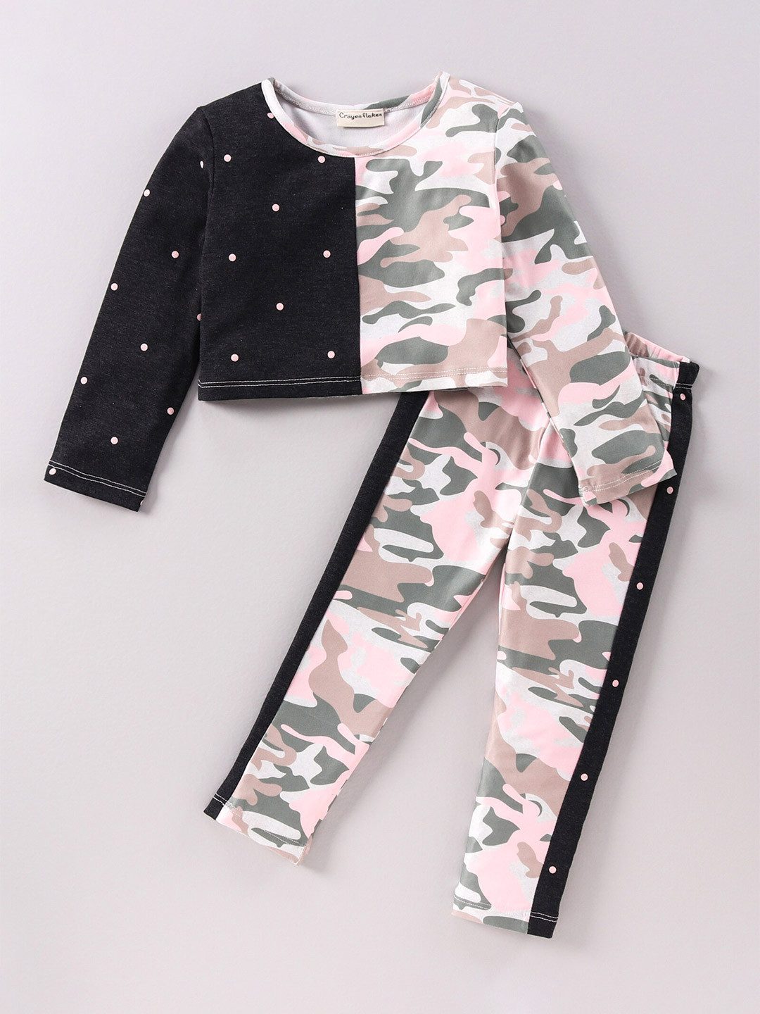 

CrayonFlakes Girls Pink & Black Camouflage Colourblocked Top with Leggings Set