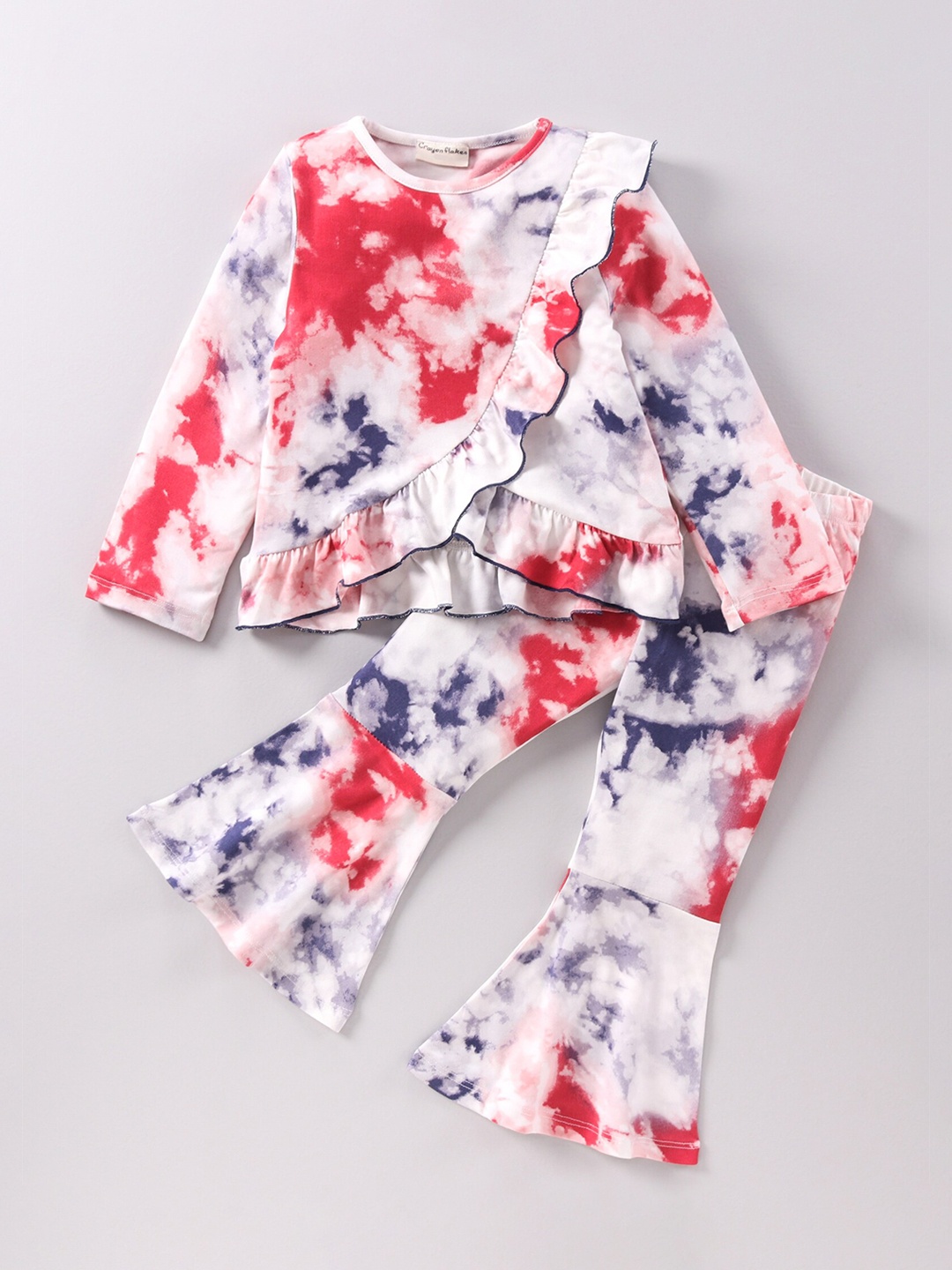 

CrayonFlakes Girls Off White & Red Tie and Dye Frill Top with Palazzos Set